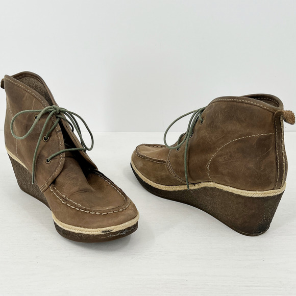 Olukai Wali Brown Suede Leather Wedge Ankle Boots Lace Up Size 8 - Picture 6 of 12